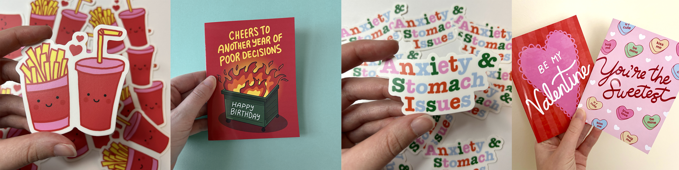 Greeting cards and stickers in hand